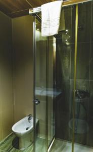 y baño con ducha acristalada y lavamanos. en HOSTAL NOGUERAS 3, en Toledo