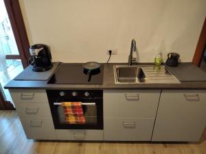 una pequeña cocina con fogones y fregadero en La Casa del Birraio, en Sondrio