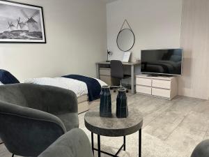 a living room with a bed and a television at MW2 Apartament in Rzeszów