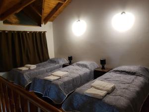 Dos camas en una habitación con mantas azules. en Terrazas Ushuaia en Ushuaia