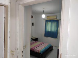 マルサー・アラムにあるroof in Marsa Alamの小さなベッドルーム(ベッド1台、青いカーテン付)