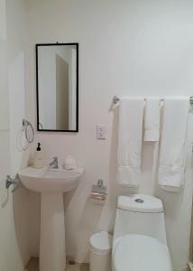 ein Badezimmer mit einem Waschbecken, einem WC und einem Spiegel in der Unterkunft Hotel Ventura in Quesada