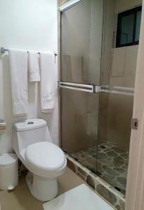 a bathroom with a toilet and a shower at Hotel Ventura in Quesada