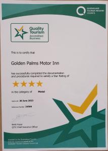 Certifikát, hodnocení, plakát nebo jiný dokument vystavený v ubytování Golden Palms Motor Inn
