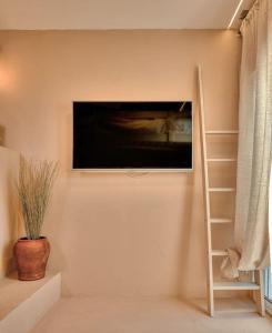 una TV a schermo piatto appesa a un muro con mensola di Suite con Jacuzzi en la montaña. a Pueblo Nuevo