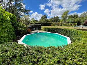 a swimming pool in a garden with bushes at 1 Northside Cottages in Godalming