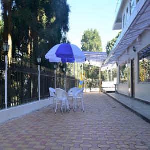 Mirik的住宿－Amaira Resort & Farms - Mirik, West Bengal，庭院内一张桌子和椅子,上面摆放着蓝色的遮阳伞