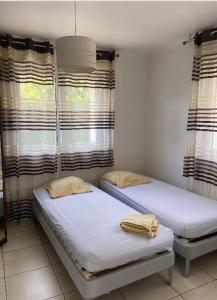 2 camas individuais num quarto com janelas em Maison au calme avec piscine près de Truchtersheim, à 15 minutes de Strasbourg em Durningen