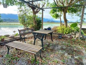 池上郷にある池上鄉屋 寵物友善民宿の水辺の景色を望むピクニックテーブルとベンチ