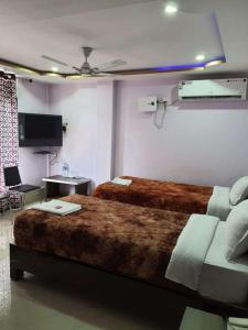 Habitación de hotel con 2 camas y TV en Wildlife Guest House, en Hatikhuli