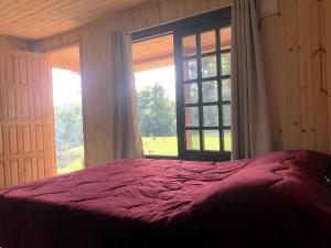 a bed in a room with a large window at Cabana na Serra Gaúcha! in Picada Cafe