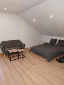 een slaapkamer met een bed, een bank en een tafel bij Famille House 201 in Chalon-sur-Saône