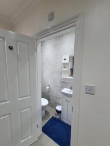 a bathroom with a white toilet and a blue rug at Cosy Entire Home Kingscross Central London in London