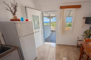 a kitchen with a refrigerator and an open door at Kavousanos Apartments in Istro