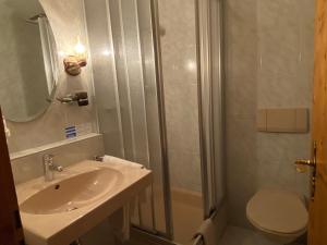 a bathroom with a sink and a shower and a toilet at Hotel B&B Casa La Val in Sedrun +56 photos