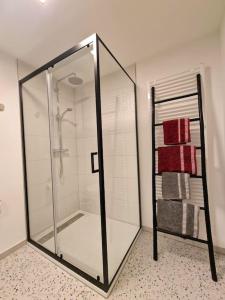 La salle de bains est pourvue d'une douche en verre et de serviettes. dans l'établissement Ultimate escape from Luxembourg, à Arlon