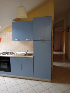 een blauwe keuken met een wastafel en een koelkast bij Le mansarde di Via Isonzo in Chieti