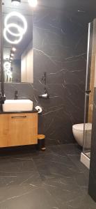 a bathroom with a sink and a toilet and a mirror at Apartament Asnyka Centrum in Nowy Sącz +20 photos