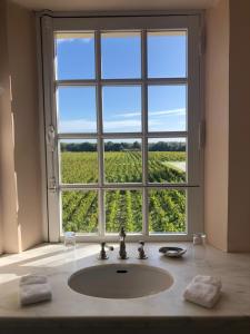 a bathroom with a sink and a large window at Château du Tertre in Arsac