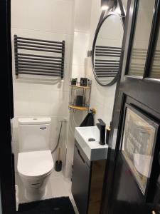 W łazience znajduje się toaleta, umywalka i lustro. w obiekcie Piotrkowska2828 apartament. w Łodzi