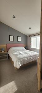 Un dormitorio con una cama grande y una ventana en Luxury Lodge @ Hoburne Devon Bay en Torquay