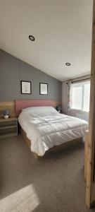 a bedroom with a large bed and a window at Luxury Lodge @ Hoburne Devon Bay in Torquay