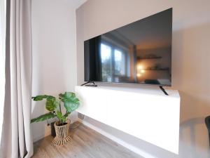 uma televisão numa parede numa sala de estar com uma planta em 75 m2, zentral, Küche, Balkon, Parkplatz em Osnabrück