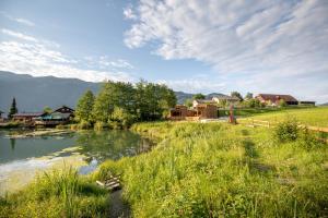einen Fluss mit Häusern im Hintergrund und einem Feld in der Unterkunft Prefelnig Glamping Lodge Ossiacher See in Ossiach