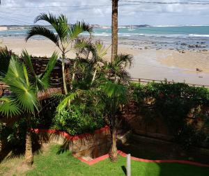 een uitzicht op een strand met palmbomen en de oceaan bij Casa Serena in Pipa