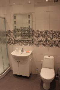 La salle de bains est pourvue de toilettes, d'un lavabo et d'un miroir. dans l'établissement Kaunas Center Apartments - K. Mindaugo g., à Kaunas