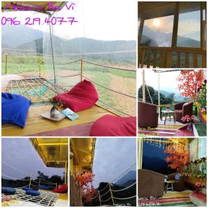 un collage de fotos con almohadas rojas y azules en Meliora Ba Vi Homestay, en Ba Vì