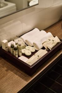 bandeja con toallas y otros artículos en una encimera en Hotel Da Vinci, en Vinci