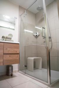 a shower with a glass door in a bathroom at Rising Sun Westende in Middelkerke