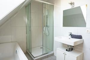 een badkamer met een glazen douche en een wastafel bij Vienna Living Apartments - Hadrawagasse in Wenen