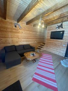 ein Wohnzimmer mit einem Sofa und einem Flachbild-TV in der Unterkunft Aroa Mountain 3 in Zărneşti