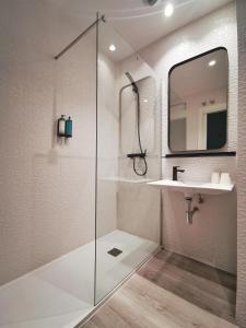 bagno con doccia, lavandino e specchio di Hotel Don Rodrigo a Palencia