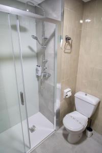 a bathroom with a shower with a toilet and a glass shower stall at Alda Puerto Seco in Burgos