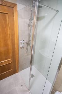 a shower with a glass door in a bathroom at Alda Puerto Seco in Burgos