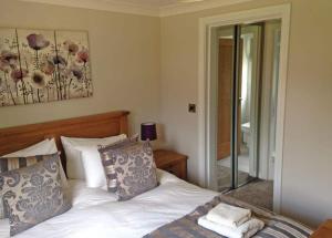 a bedroom with a bed with pillows and a mirror at Langmere Lakes Lodges in Hainford