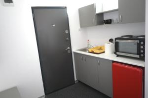 uma cozinha com uma porta preta e um micro-ondas em Luana Airport Apartments #8 em Otopeni