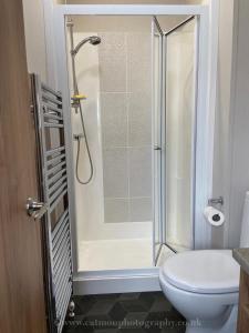 a bathroom with a shower and a toilet at 18 Duckpool in Kilkhampton