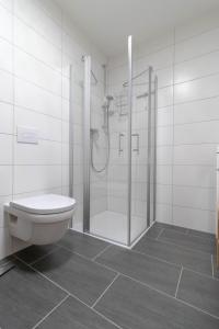 a white bathroom with a shower and a toilet at Ferienwohnung Landurlaub in Irsch