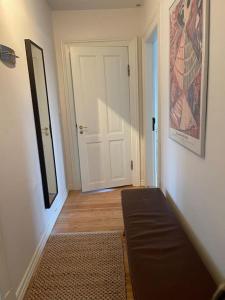 pasillo con puerta, alfombra y espejo en Central lejlighed i Herning, en Herning