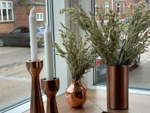 trzy wazy z roślinami siedzącymi na stole w obiekcie Central lejlighed i Herning w mieście Herning