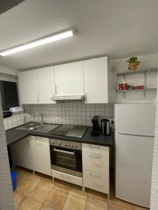 een keuken met witte kasten en een fornuis met oven bij Appartement am Rondell in Hösbach