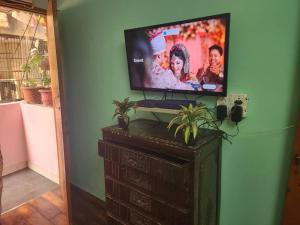 uma televisão de ecrã plano em cima de uma cómoda em Homlee-Best Value flat with kitchen Near Metro em Nova Deli