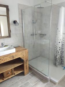 ein Bad mit einer Dusche, einem Waschbecken und einem Spiegel in der Unterkunft La Grange de Bois de Chêne in Phalsbourg