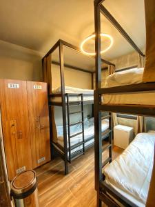 a room with three bunk beds and a closet at Nomad Hostel Karaköy in Istanbul