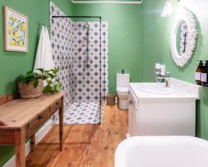 a bathroom with a shower with a sink and a toilet at The Belmont in Franschhoek