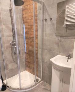 a shower with a glass door next to a sink at Rynek 10 in Poznań